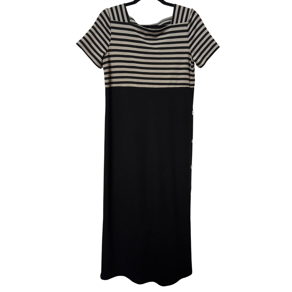 Vintage Coldwater Creek Womens MP Striped Side Button Maxi Dress Black Tan